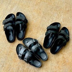 3 pairs of PVA Birkenstocks. Two black pairs, one silver. Sold all together